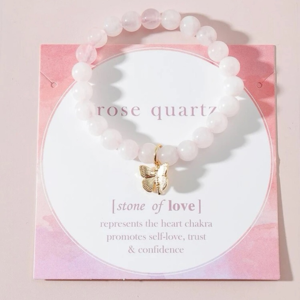 Rose Quartz Stone Butterfly Decor Beads Bracelet